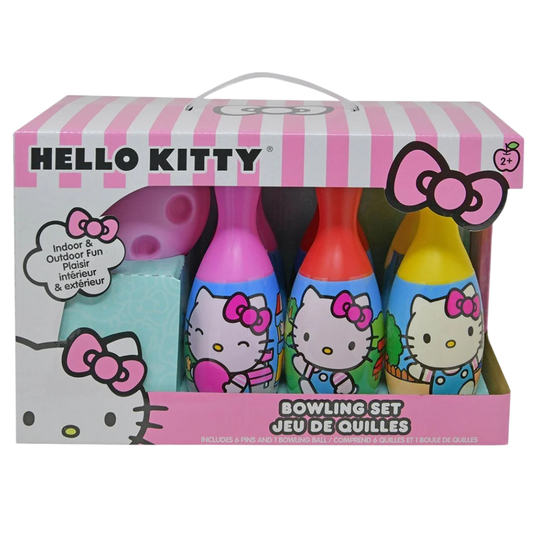 Hello Kitty kids bowling set with 6 colorful pins and a bowling ball, featuring Hello Kitty character design for children.