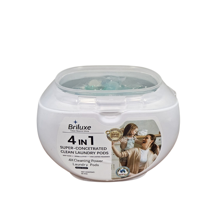 Farmacias Savia Briluxe 4-in-1 laundry detergent pods, 60 count, showing white and blue capsule pods for powerful cleaning.