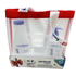 Transparent travel set by Lactovit including body wash, lotion, and deodorant stick in a clear case, compact and portable.