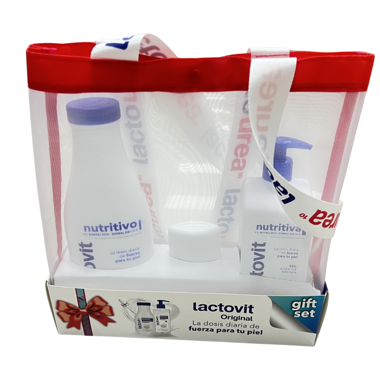 Transparent travel set by Lactovit including body wash, lotion, and deodorant stick in a clear case, compact and portable.