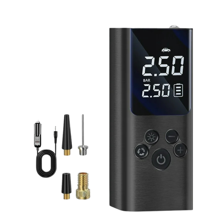Portable rechargeable digital tire inflator air pump with LED display, by Farmacias Savia, showing digital controls and air nozzle.