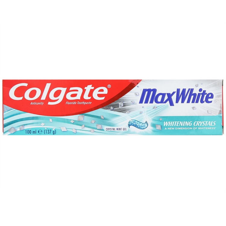 Colgate Max White Crystal Mint Gel toothpaste in 100ml tube, featuring a white and blue packaging design.