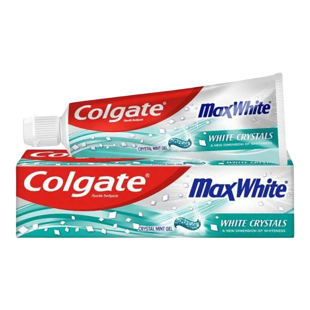 Colgate Max White Crystal Mint Gel toothpaste in 6oz tube, featuring fresh mint flavor and whitening formula.