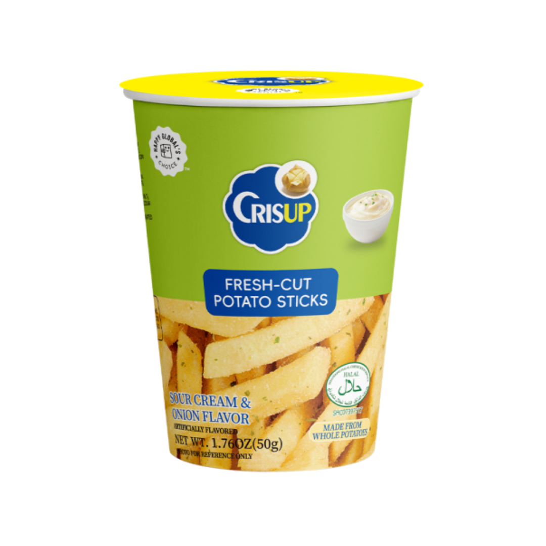 Crisup fresh-cut potato sticks in sour cream and onion flavor, 1.76oz, featuring crispy potato snack with creamy onion coating.