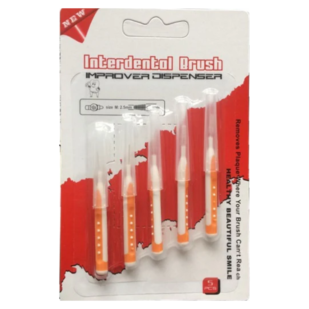 Set of five orange interdental brushes size M 2.5mm from Farmacias Savia, designed for effective interdental cleaning.