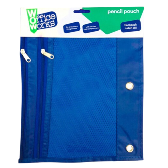 Blue WOW Office Works 3-ring binder pencil pouch with zipper, designed for organizing stationery, from Farmacias Savia.
