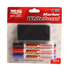 Farmacias Savia Molake X-882 whiteboard marker and eraser set, includes four colorful markers with eraser for writing on whiteboards.