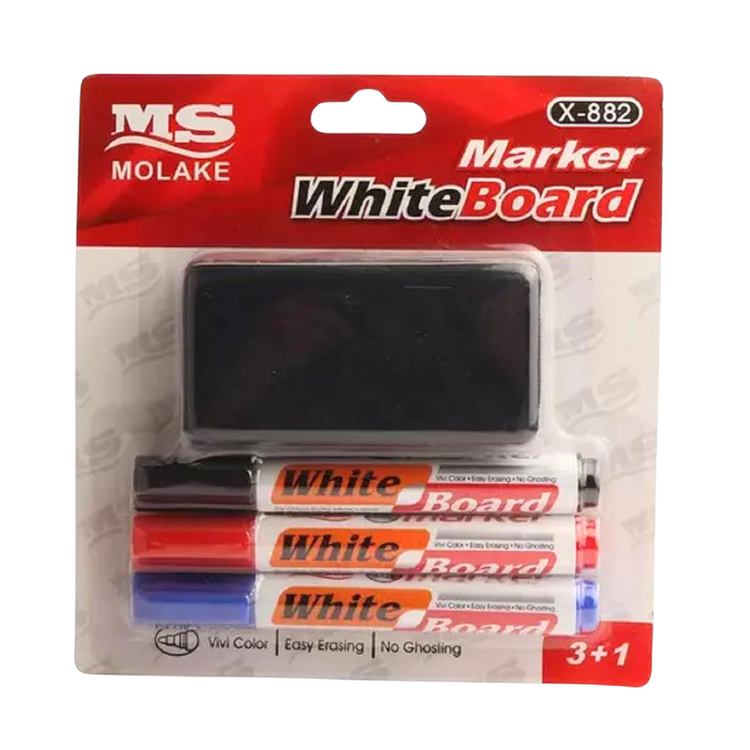 Farmacias Savia Molake X-882 whiteboard marker and eraser set, includes four colorful markers with eraser for writing on whiteboards.