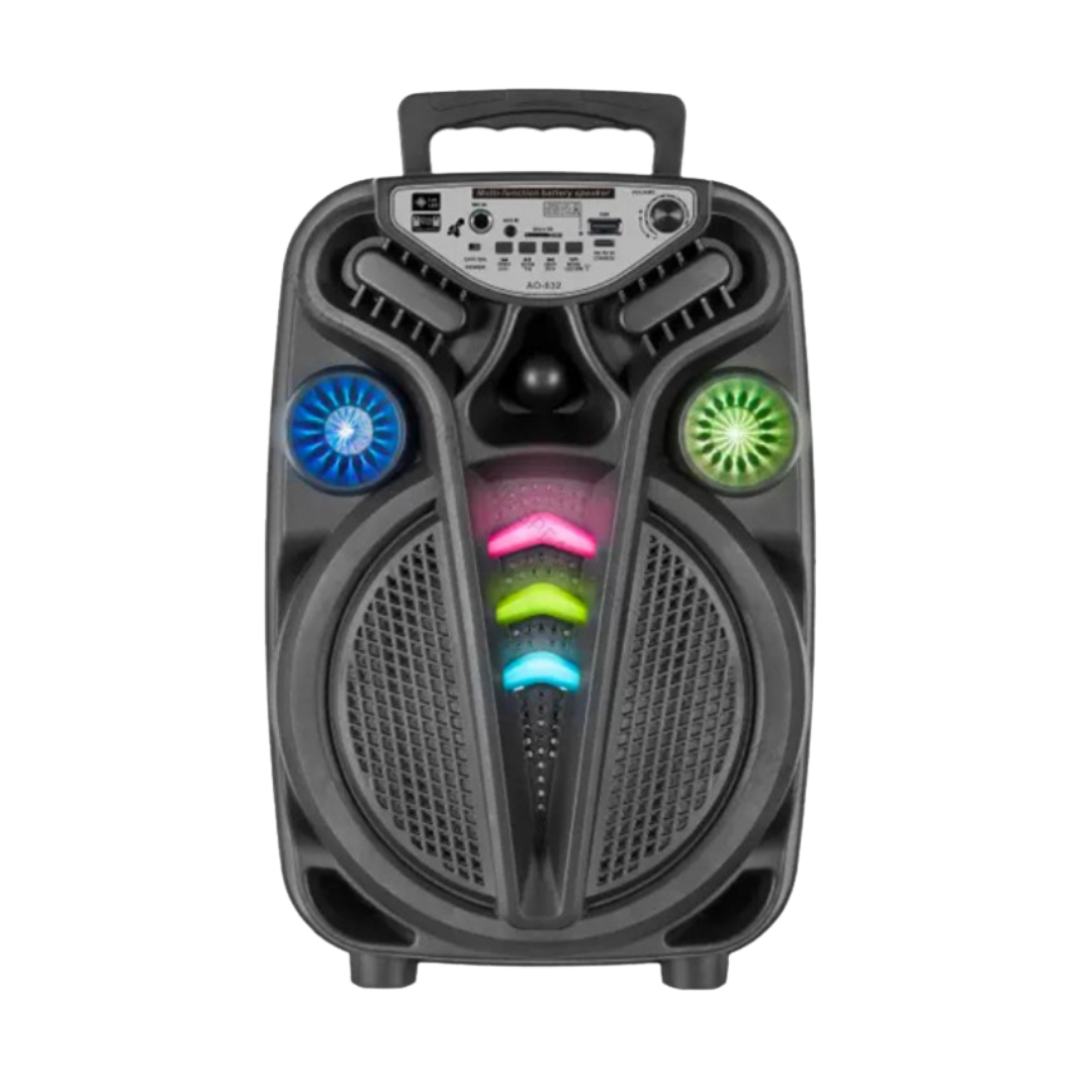 Farmacias Savia AO-811 8-inch portable Bluetooth speaker with LED lights, showing the black speaker with illuminated LED accents.