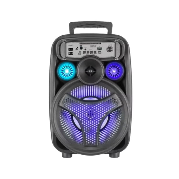 Farmacias Savia AO-812 8-inch portable Bluetooth speaker with LED lights, showing the speaker with illuminated controls and sleek design.