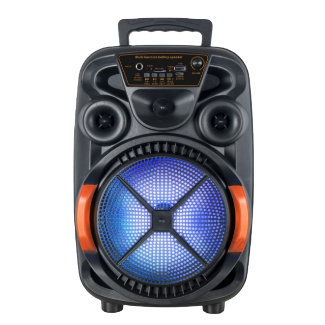 8-inch portable Bluetooth speaker CH-813 by Farmacias Savia, showing the sleek black design and control buttons.