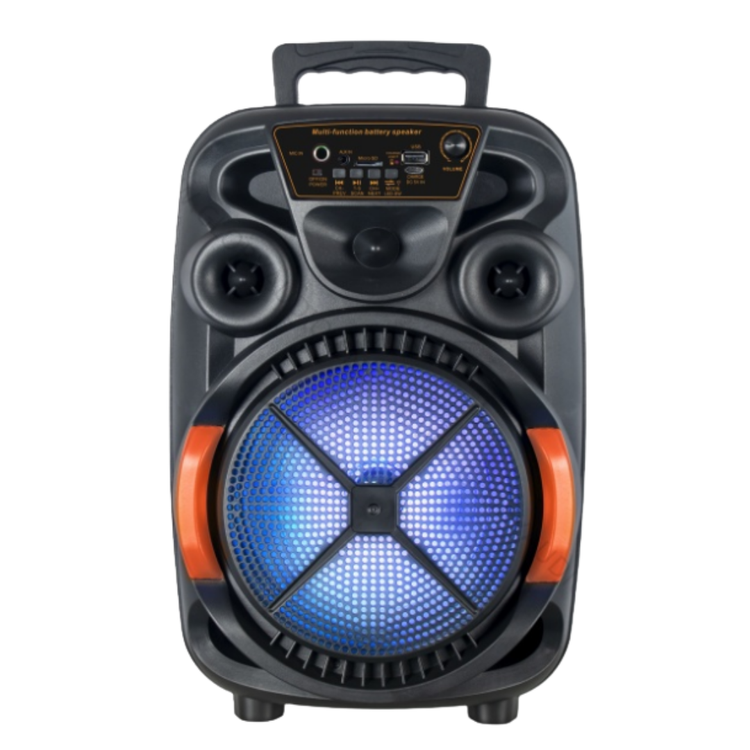 8-inch portable Bluetooth speaker CH-813 by Farmacias Savia, showing the sleek black design and control buttons.