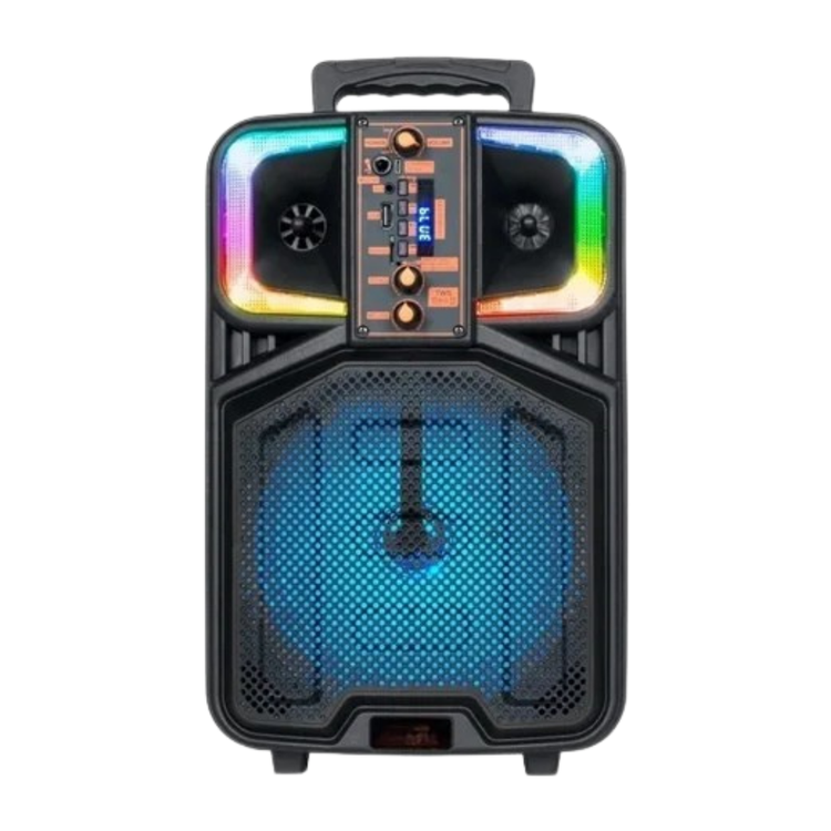 HomeBoss AO-818 8-inch portable Bluetooth speaker with LED lights, compact design, and built-in controls for wireless music playback.
