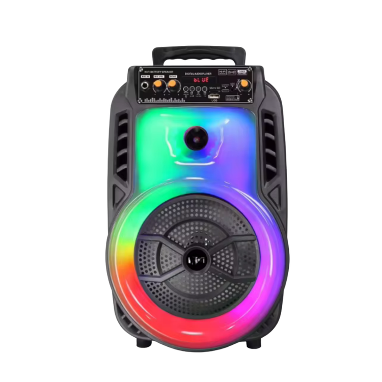 Farmacias Savia HomeBoss AO-829 8-inch portable Bluetooth speaker with LED lights, showing controls and colorful lighting effects.