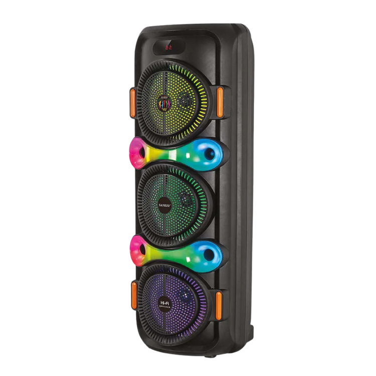 Farmacias Savia CH-8803 8x3 triple portable Bluetooth speaker with RGB lights, showing the sleek design and colorful lighting features.