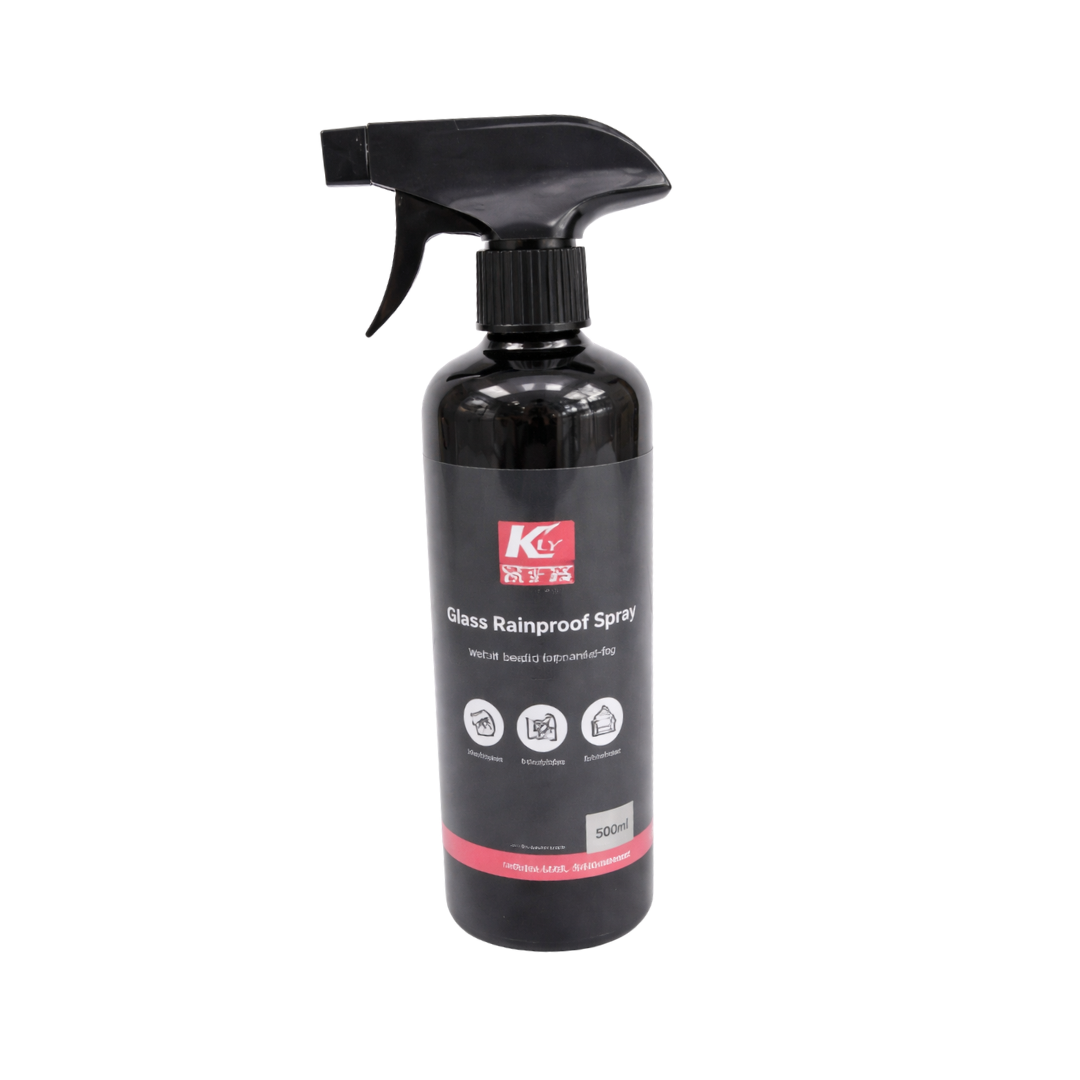 Farmacias Savia KLY Deluxe Glass Rainproof Agent and Anti-Fog Spray in 16.9oz bottle, applied to car windshield for rain and fog resistance.