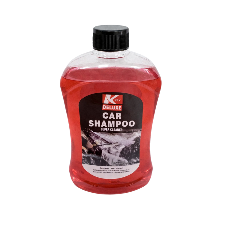 KLY Deluxe Car Shampoo by Farmacias Savia, high foam formula in 16.9oz bottle, used for cleaning and shining vehicles.