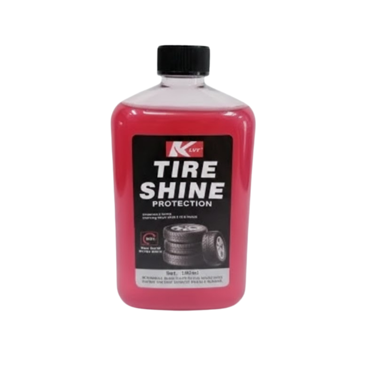 Farmacias Savia KLY Tire Shine spray bottle with a 16.9oz size, showing the wet gloss finish and protection for tires.