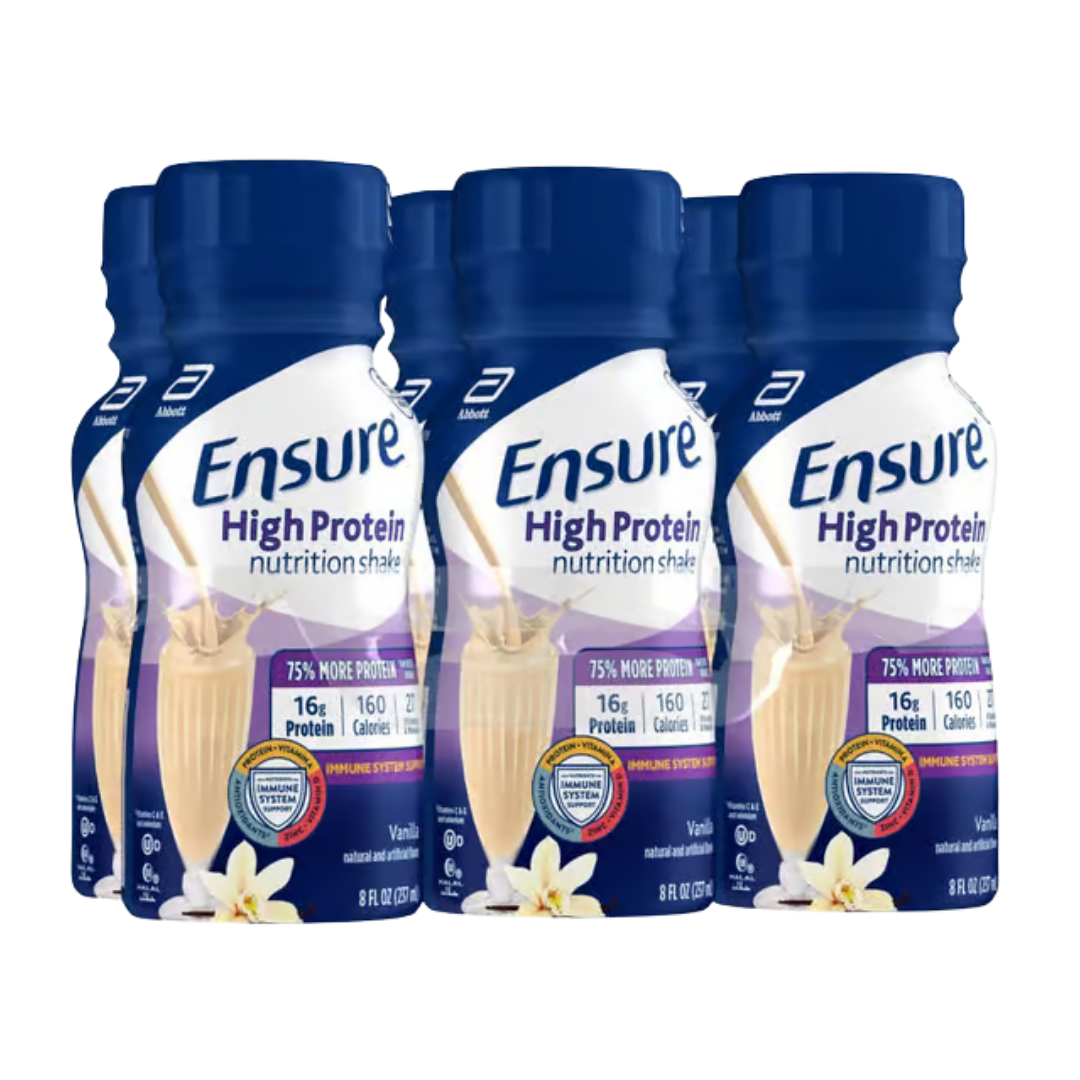 Six bottles of Farmacias Savia Ensure High Protein Vanilla Nutrition Shake, creamy vanilla flavor in a 6-pack.