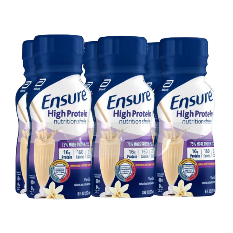 Six bottles of Farmacias Savia Ensure High Protein Vanilla Nutrition Shake, creamy vanilla flavor in a 6-pack.