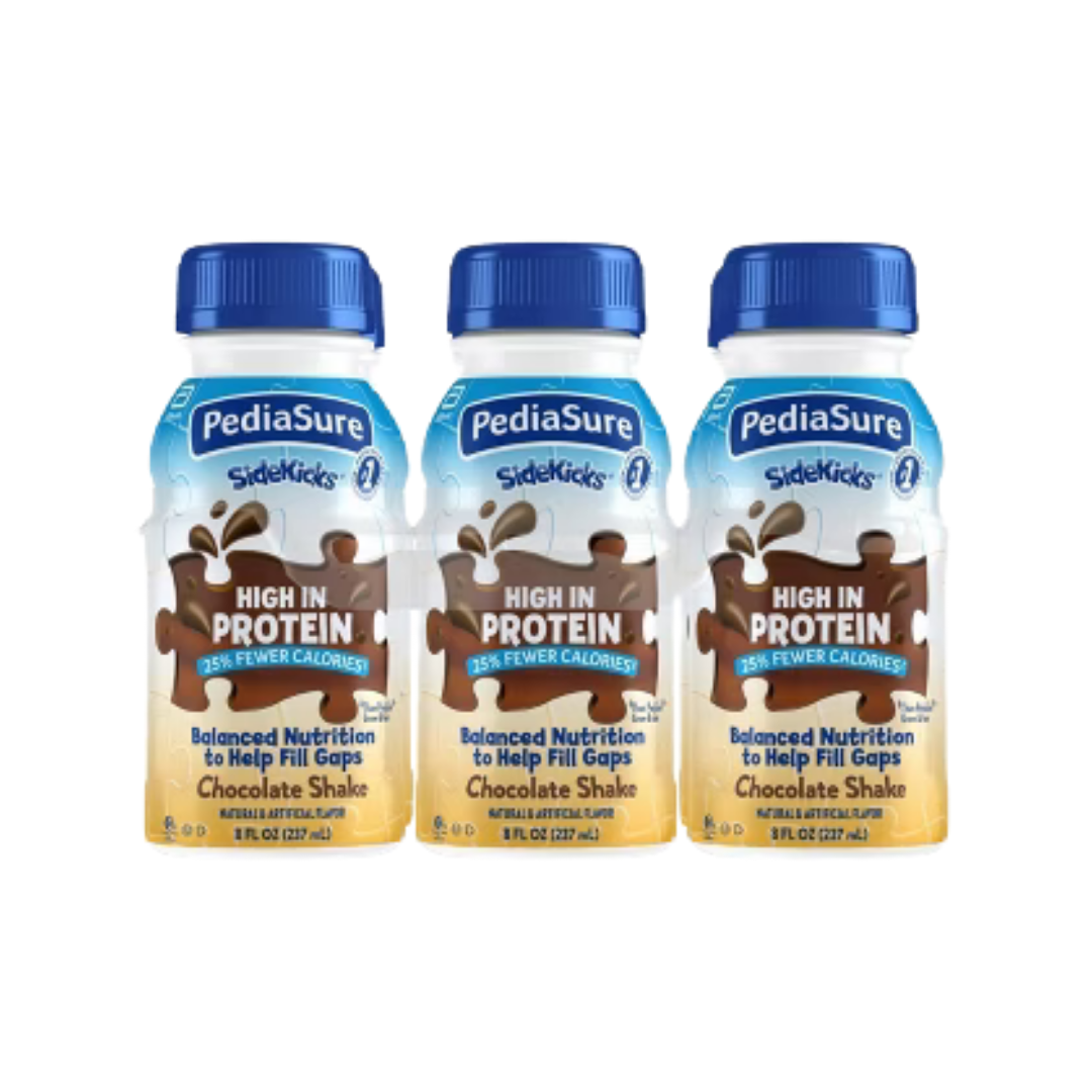 PediaSure Grow & Gain High Fiber Chocolate nutritional drinks, 6-pack, each 8oz, in bottles with chocolate flavor and nutrition labels.