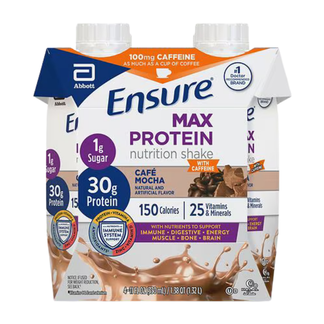 Ensure Max Protein Café Mocha Nutrition Shakes with Caffeine 4-pack from Farmacias Savia, showing four chocolate-flavored bottles with caffeine.