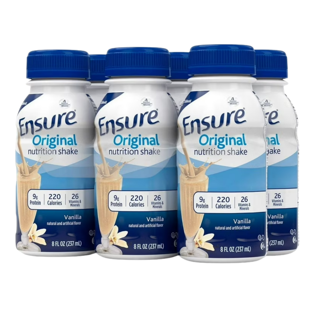 Ensure Original Vanilla Nutrition Shake 24-pack by Farmacias Savia, featuring vanilla-flavored liquid meal replacement bottles.