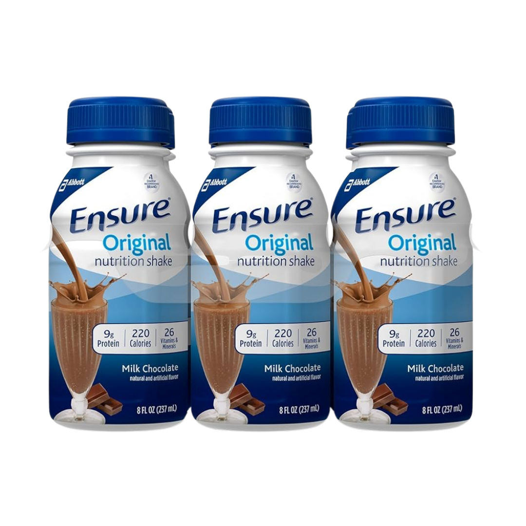 Ensure Original Chocolate Nutrition Shake 24-pack by Farmacias Savia, showing chocolate-flavored meal replacement bottles.