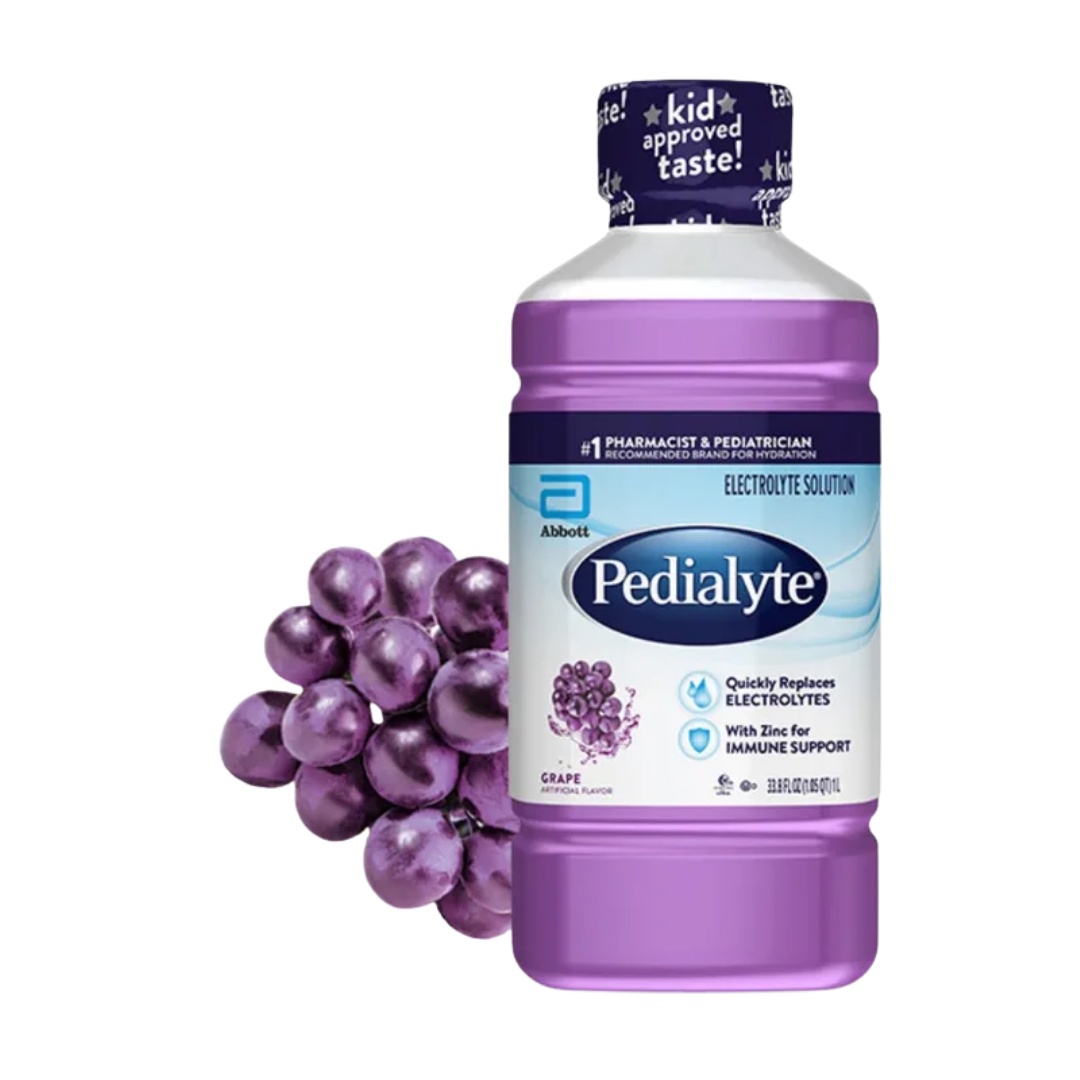 Bottle of Pedialyte Grape electrolyte solution in a 32oz bottle, with a purple label showing grape flavor and nutritional information.