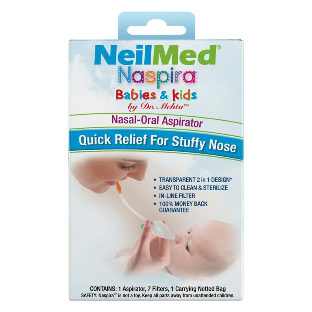 NeilMed Naspira Baby Nasal-Oral Aspirator in blue with soft silicone bulb for gentle nasal suctioning of infants