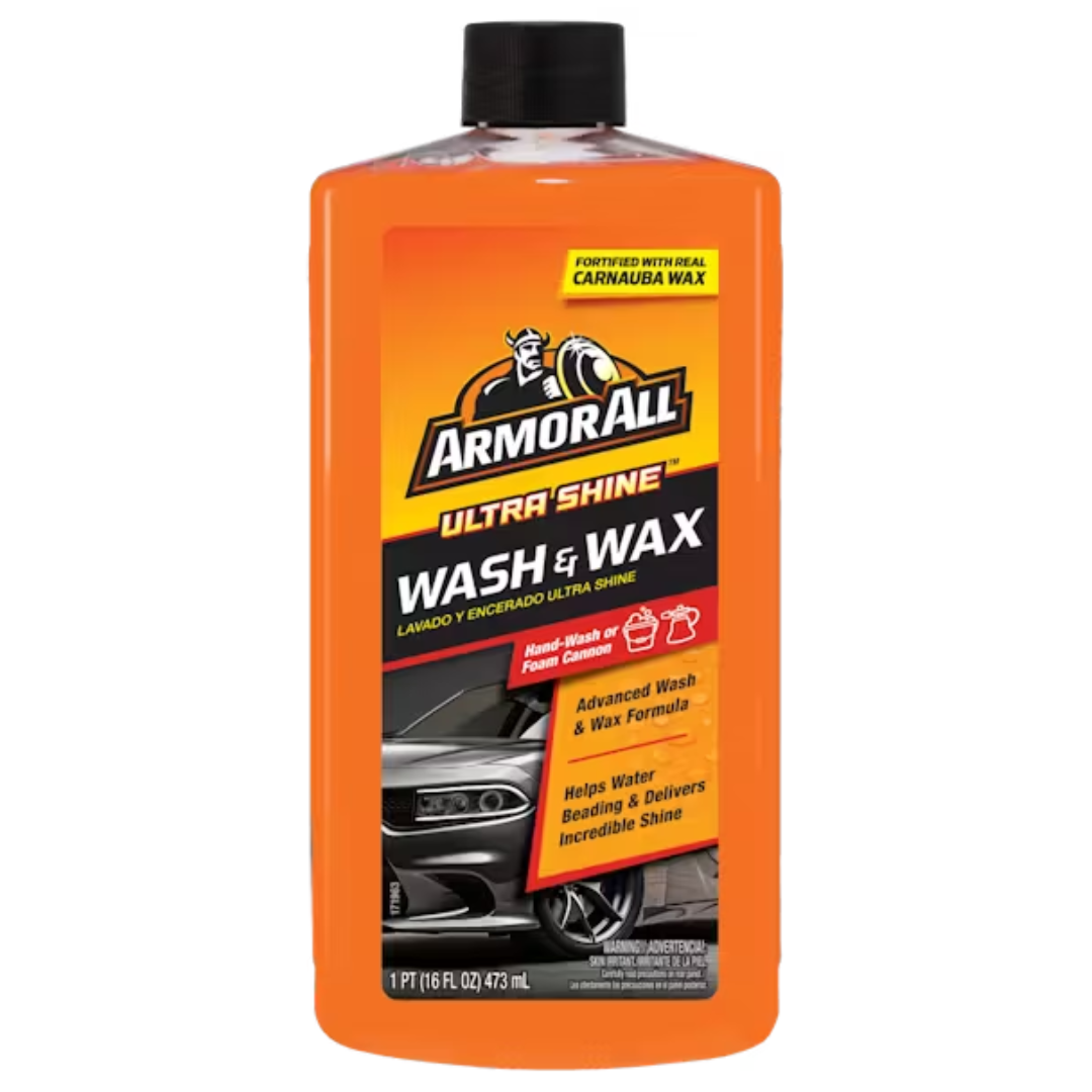 Auto wash and wax liquid in a 16 oz bottle by Armor All, suitable for cleaning and protecting vehicle surfaces.