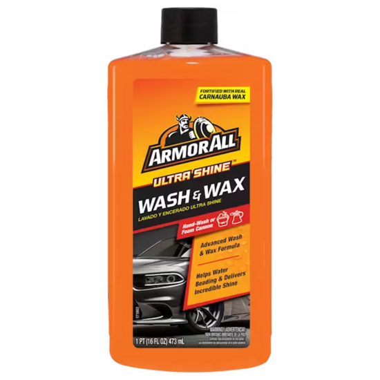 Auto wash and wax liquid in a 16 oz bottle by Armor All, suitable for cleaning and protecting vehicle surfaces.