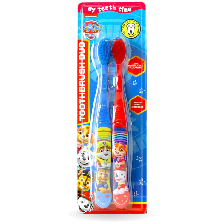GUM Paw Patrol kids toothbrush set with two colorful toothbrushes featuring Paw Patrol characters, designed for children’s oral hygiene.