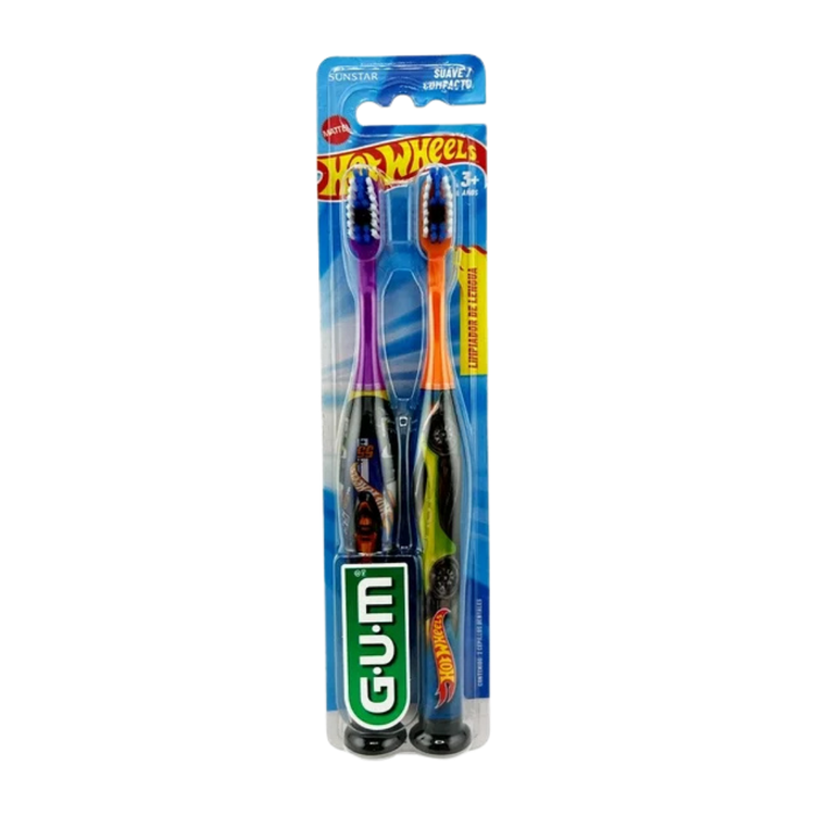GUM Hot Wheels kids toothbrushes 2-pack with colorful Hot Wheels car designs for children’s oral hygiene.