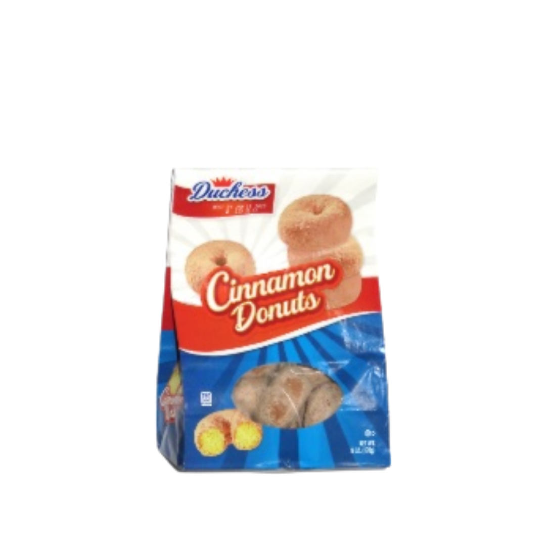 Farmacias Savia Duchess Cinnamon Donuts Family Pack, 25.12 oz, showing golden baked cinnamon donuts in a family-sized package.