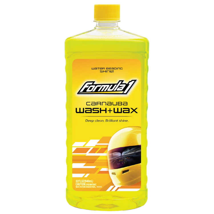Farmacias Savia Formula 1 High Performance Car Wash 32oz bottle with vibrant label and car wash illustration.