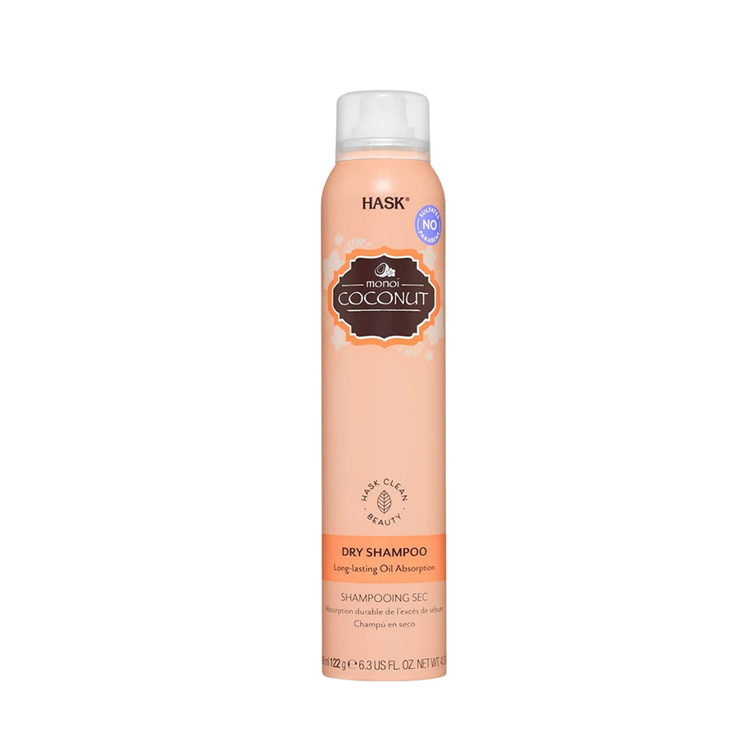 Hask Monoi Coconut Dry Shampoo for all hair types, 4.3oz bottle with coconut and Monoi oil ingredients
