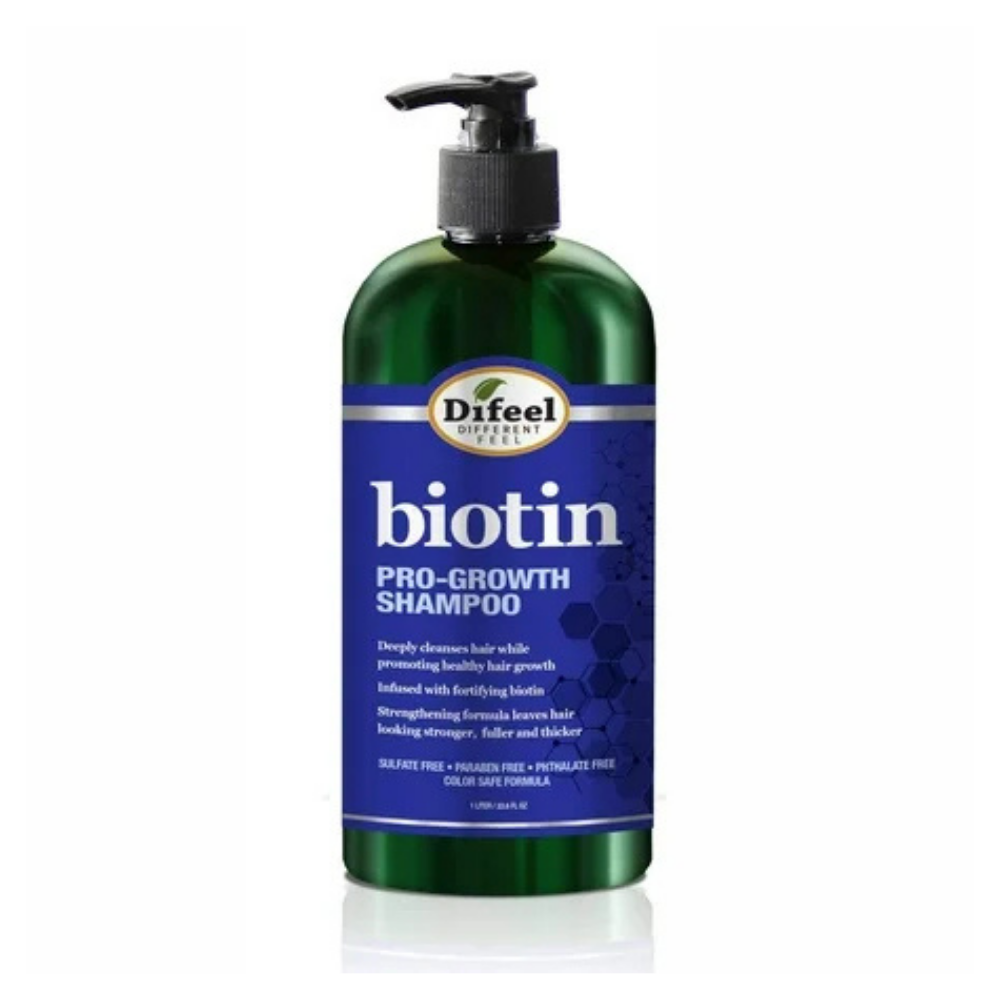 Difeel Biotin Pro Growth Shampoo bottle for hair, 12 fl oz, with label showing natural ingredients and product branding.