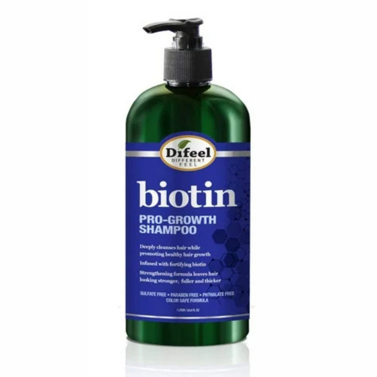 Difeel Pro-Growth Biotin Shampoo 12 oz bottle, part of a shampoo and conditioner set, shown in the image.