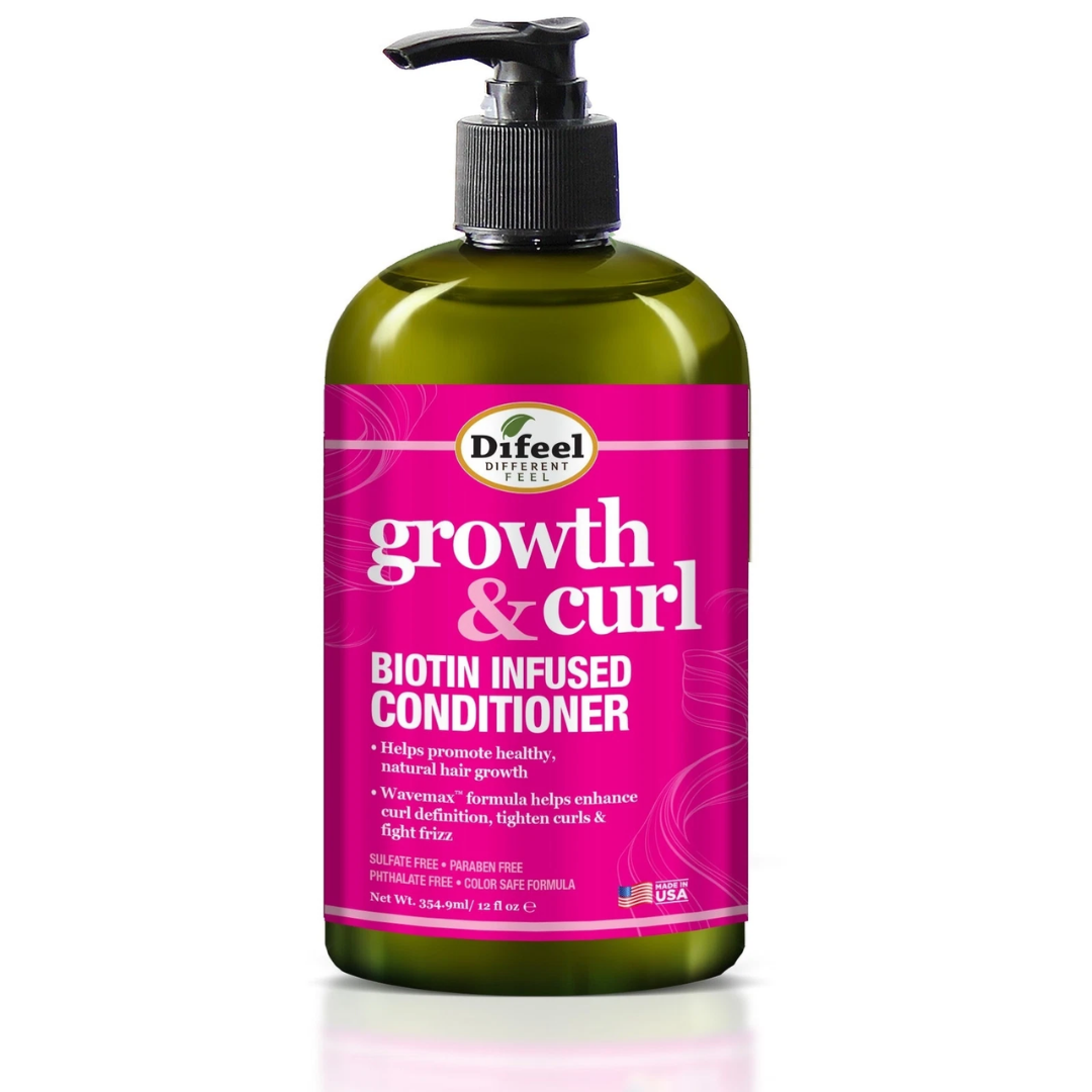Difeel Growth & Curl Biotin Infused Conditioner for hair, sulfate-free, 12oz bottle showing the conditioner in a pump bottle.