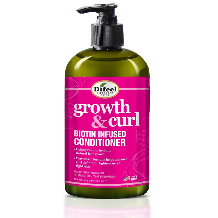 Difeel Growth & Curl Biotin Infused Conditioner for hair, sulfate-free, 12oz bottle showing the conditioner in a pump bottle.