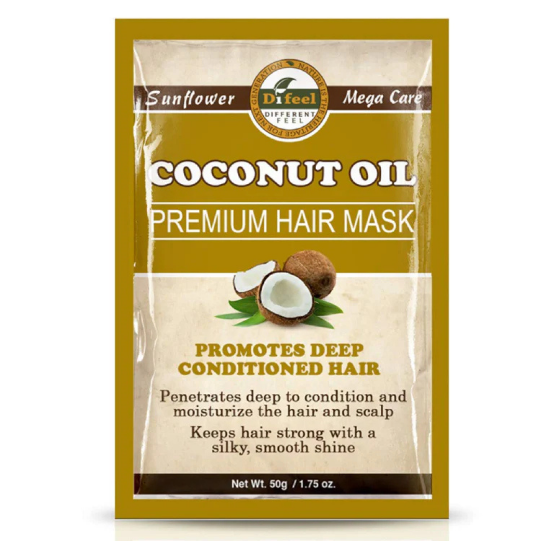 Difeel Coconut Oil Premium Hair Mask in 1.75oz container, moisturizing treatment for healthy, shiny hair.