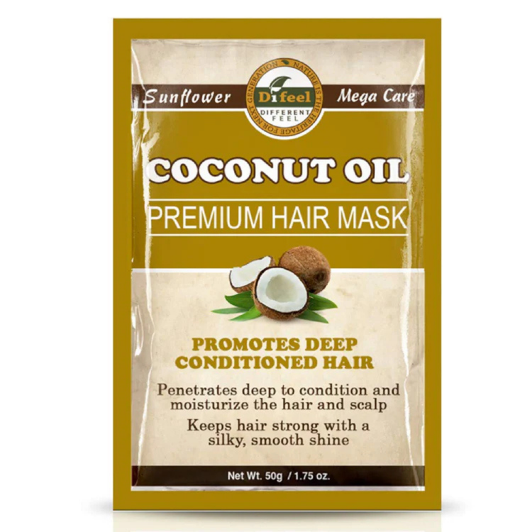 Difeel Coconut Oil Premium Hair Mask in 1.75oz container, moisturizing treatment for healthy, shiny hair.