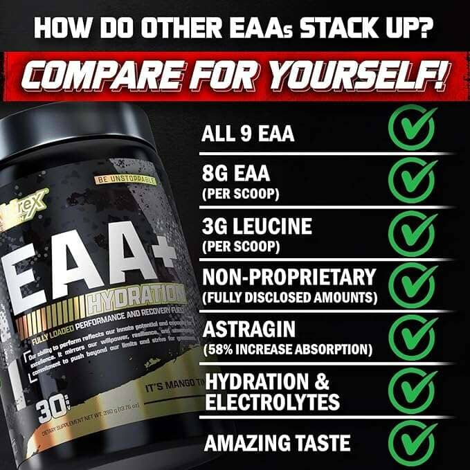 Nutrex EAA+ Hydration BCAA amino acids supplement with 30 servings, featuring a vibrant fitness-themed label and packaging.