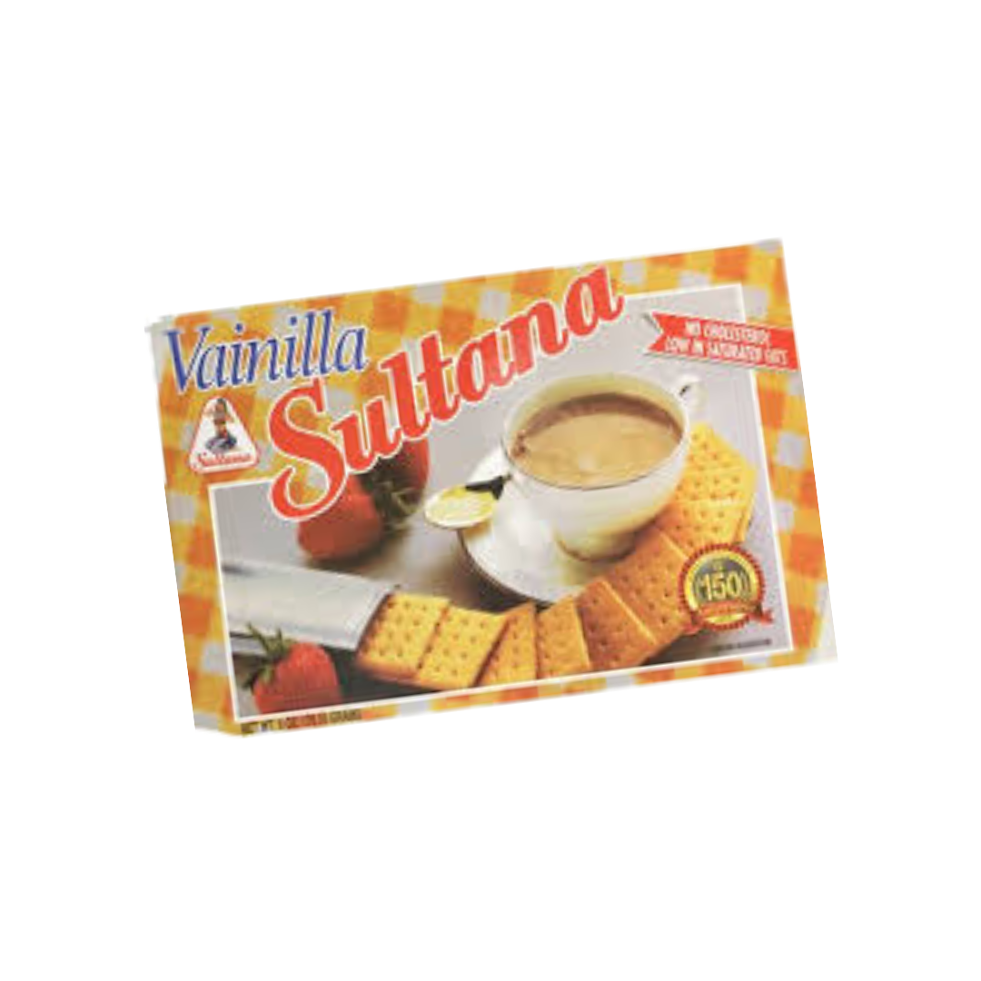 Sultana Vanilla Cookies by Farmacias Savia, 7oz package, showing vanilla-flavored cookies with a golden-brown appearance.