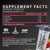 Nutrex BCAA 6000 Recovery amino acids supplement in a white container with a label, containing 30 servings for muscle recovery.