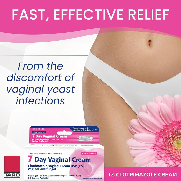 Taro Clotrimazole 7-day antifungal vaginal cream in 1.5 oz tube, used for treating vaginal yeast infections.