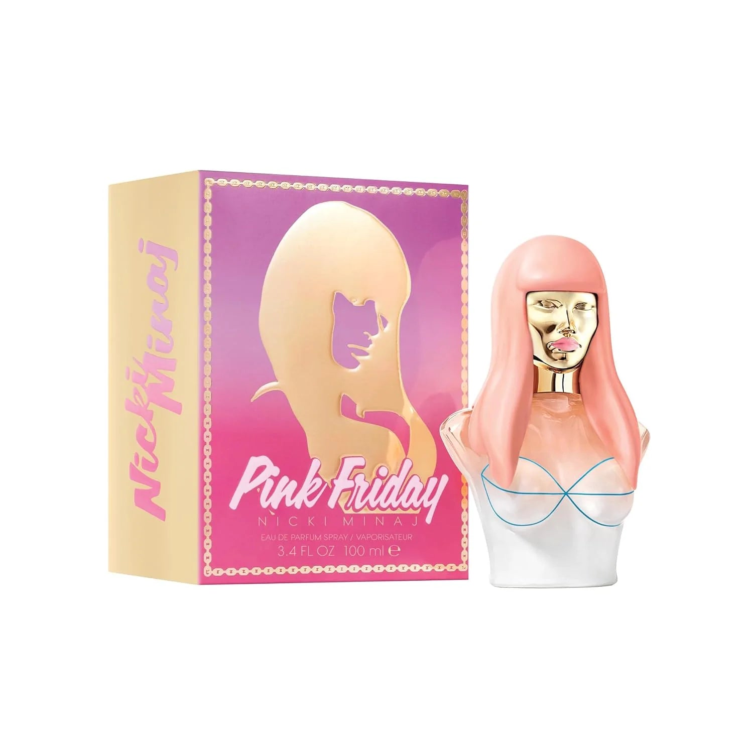 Nicki Minaj Pink Friday Eau de Parfum for women in 3.4 oz bottle, featuring a pink and gold perfume design.
