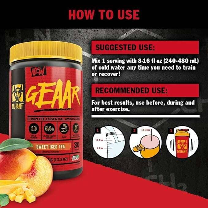 Mutant Gear EAA Recovery Complex BCAA amino acids supplement in 30-serving container, ideal for muscle recovery and hydration.
