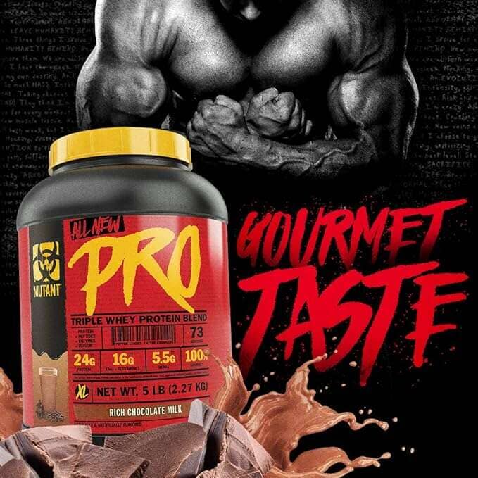 Mutant Pro Triple Whey Protein Powder 5lbs container, popular dietary supplement for muscle building by PoorBoySupplements.com